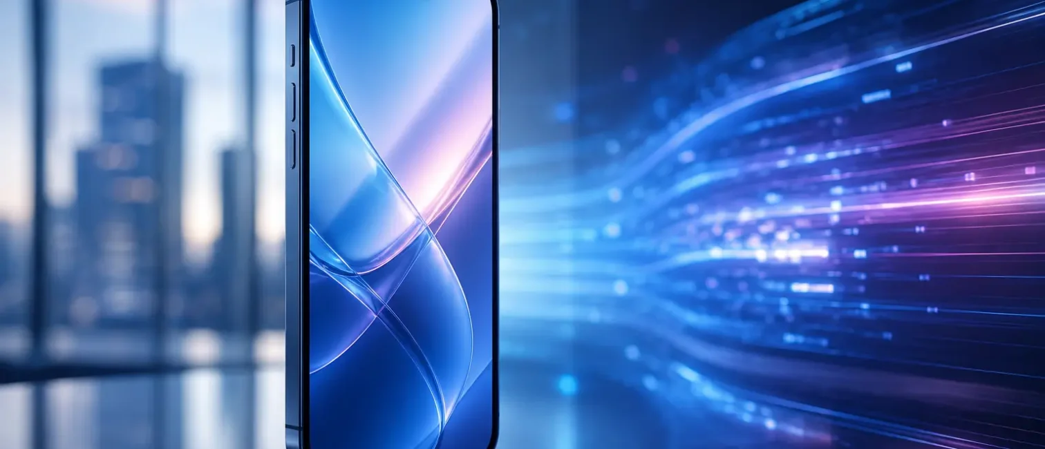 Modernes Smartphone vor abstrakten Datenströmen als Symbol für die Public Beta von iOS 27 und neue Systemfunktionen.