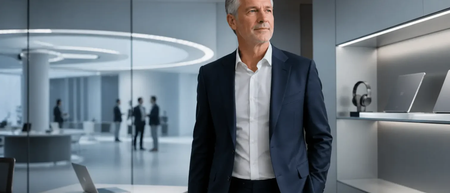 Moderner Business-Entscheider in einem minimalistischen Tech-Showroom mit dezenten Geräten und klarer Corporate-Atmosphäre.
