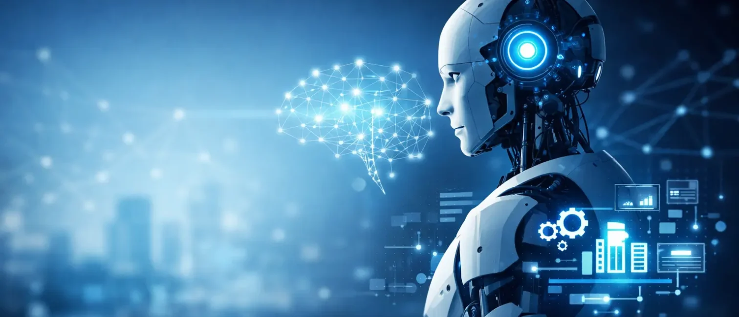 Minimalistische Illustration eines humanoiden KI-Systems mit leuchtenden Datenverbindungen und digitalen Interface-Elementen vor dunklem Hintergrund.