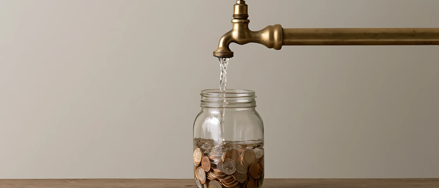 Ein Wasserhahn der Wasser in ein Glas mit Münzen gibt