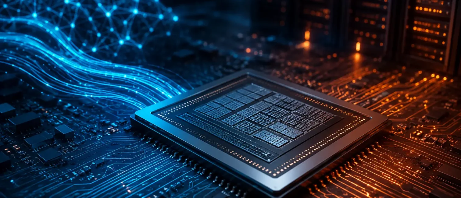 Futuristischer KI-Prozessor auf einer Platine mit blauen Datenströmen und orange beleuchteter Rechenzentrums-Infrastruktur.