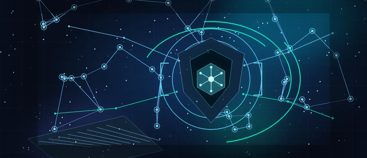 Futuristische Darstellung eines geschützten KI-Netzwerks mit vernetzten Agenten und zentralem Security-Schild.