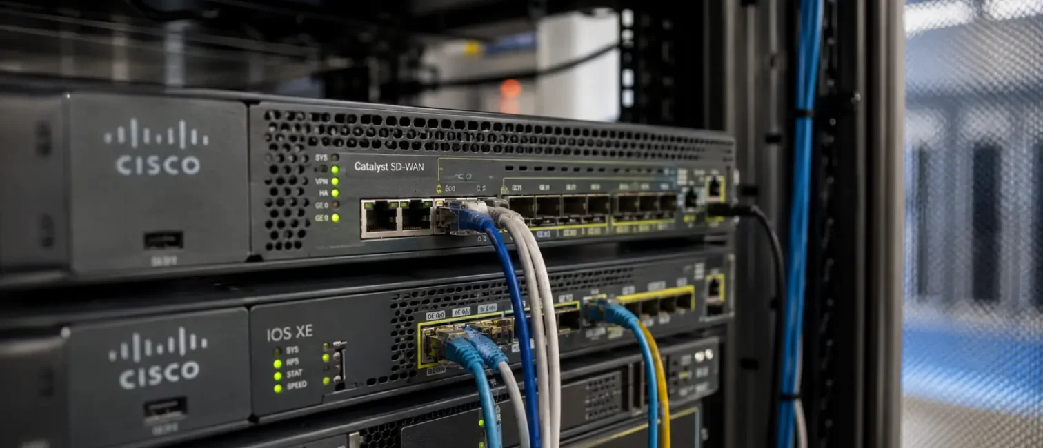 Cisco-Netzwerkgeräte für Catalyst SD-WAN und IOS XE in einem Serverrack mit angeschlossenen Netzwerkkabeln.