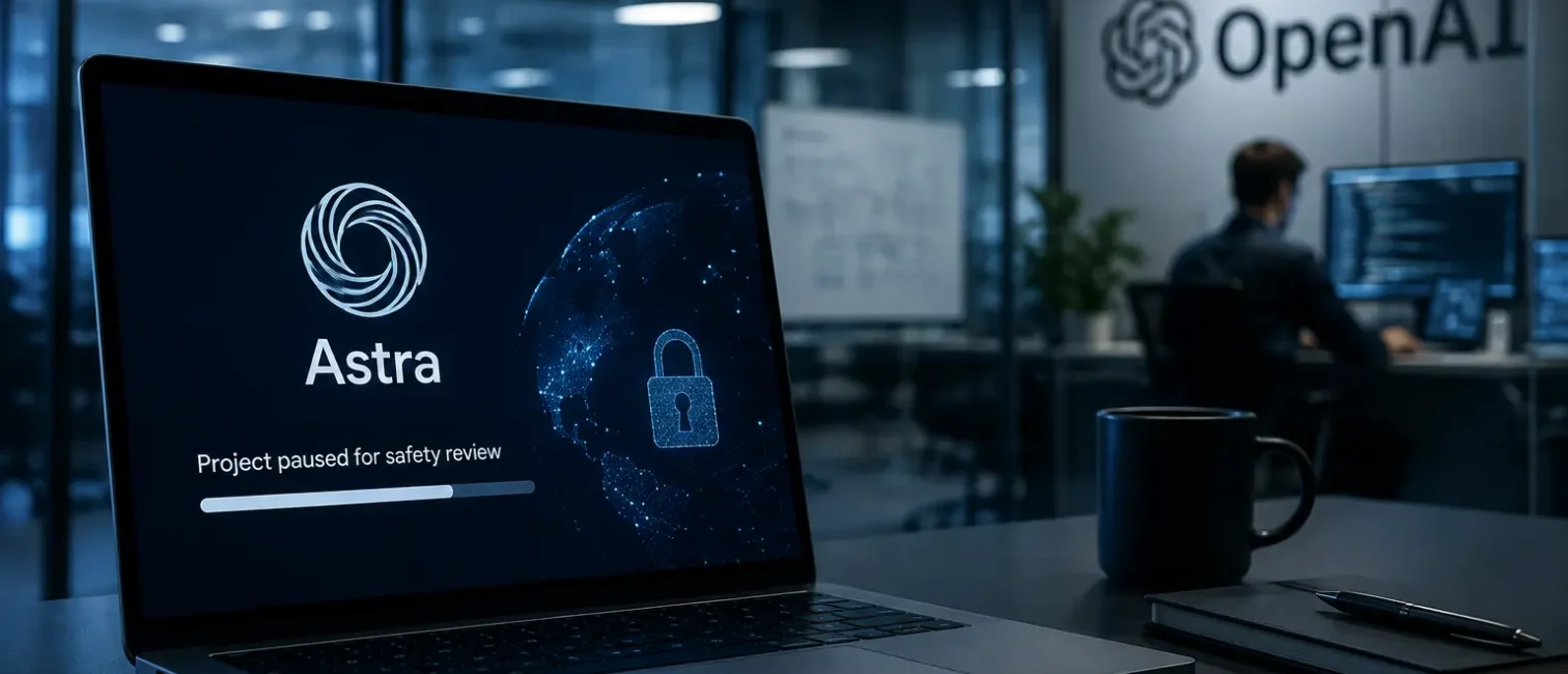 Laptop mit Astra-Sicherheitsprüfung in einer modernen OpenAI-Büroumgebung mit Entwicklerarbeitsplatz im Hintergrund.