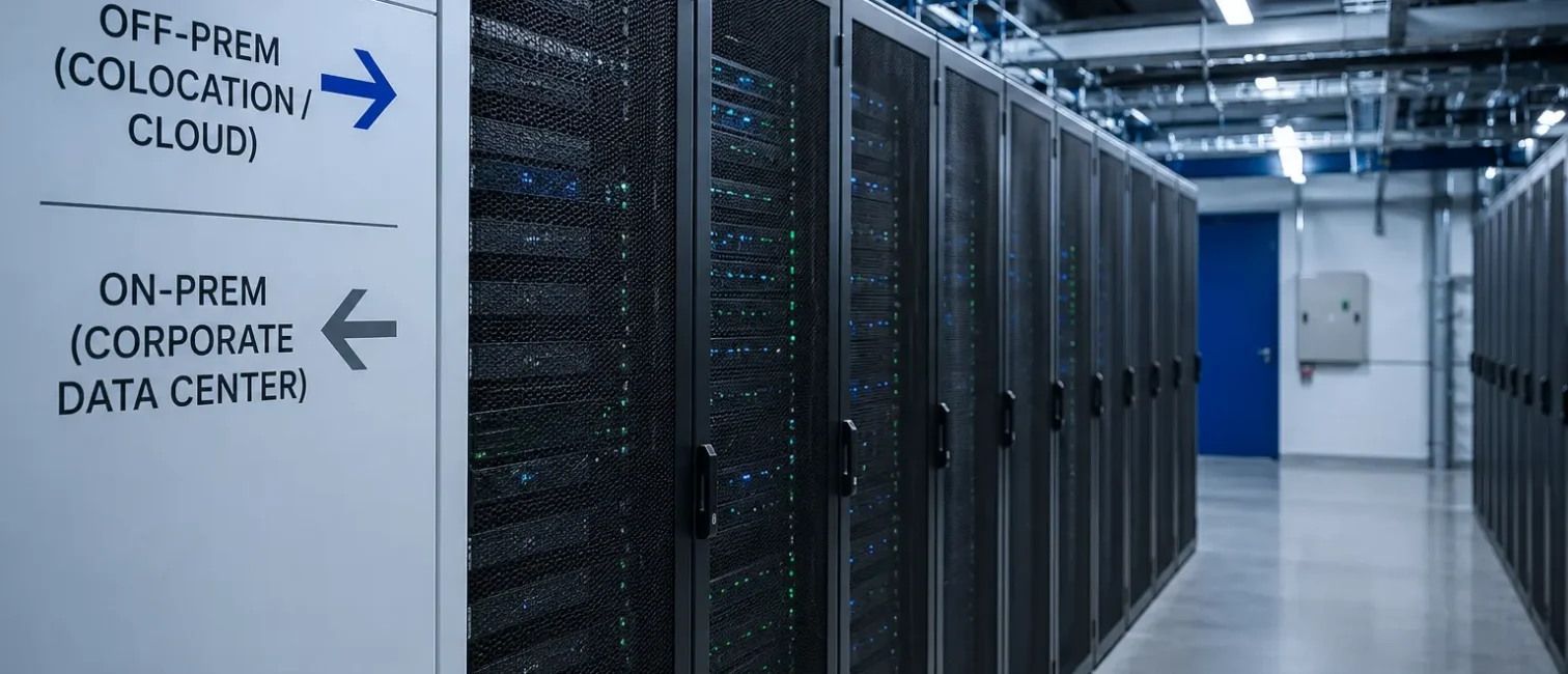 Modernes Rechenzentrum mit Serverracks und Hinweisen auf Off-Prem-, Colocation-, Cloud- und On-Prem-Infrastruktur.