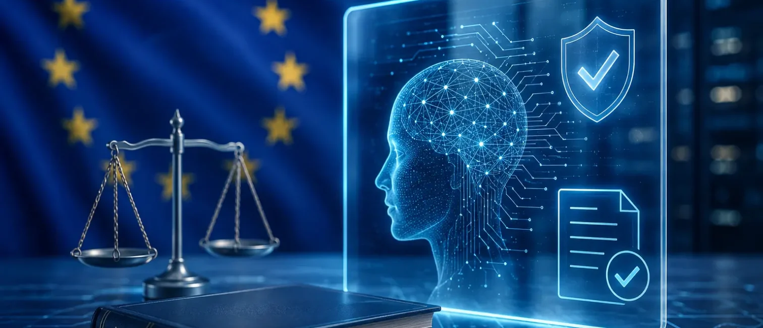 Futuristische Darstellung von KI-Compliance mit digitalem KI-Profil, Prüfsymbol, Waage und EU-Flagge im Hintergrund.