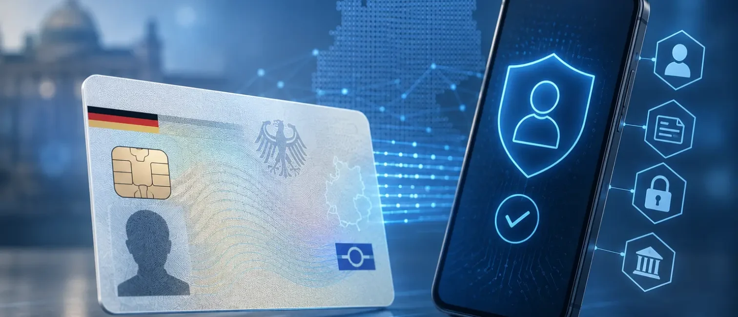 Futuristische Darstellung eines deutschen Personalausweises neben einem Smartphone mit digitaler Identitätsprüfung und Sicherheitssymbolen.