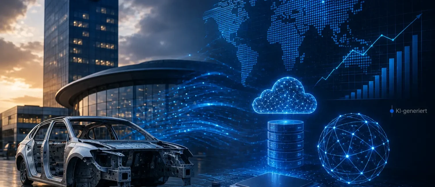 Futuristische Darstellung des Volkswagen-Konzerns mit Fahrzeugkarosserie, Rechenchip, Cloud-Infrastruktur und digitalen Datenströmen.