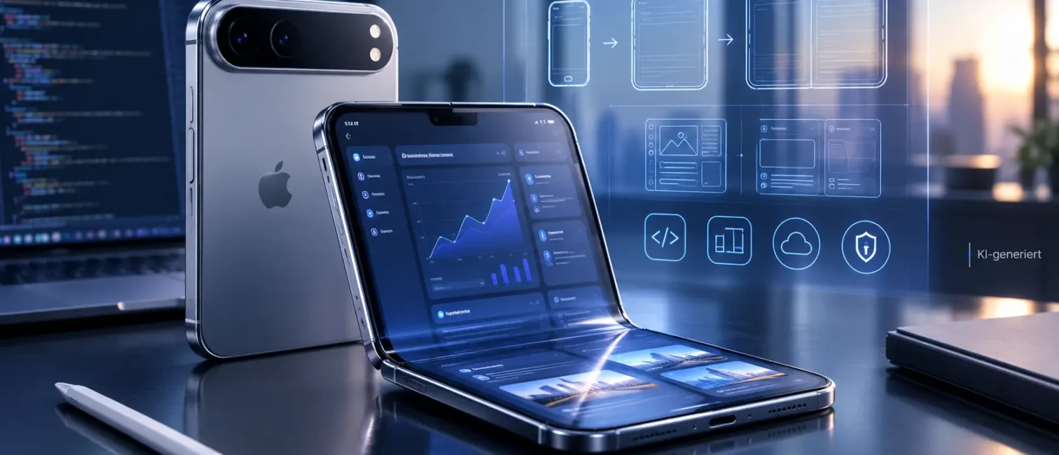 Futuristische Darstellung eines faltbaren Smartphones mit Business-Dashboard, Entwicklerumgebung und flexiblen App-Layouts.