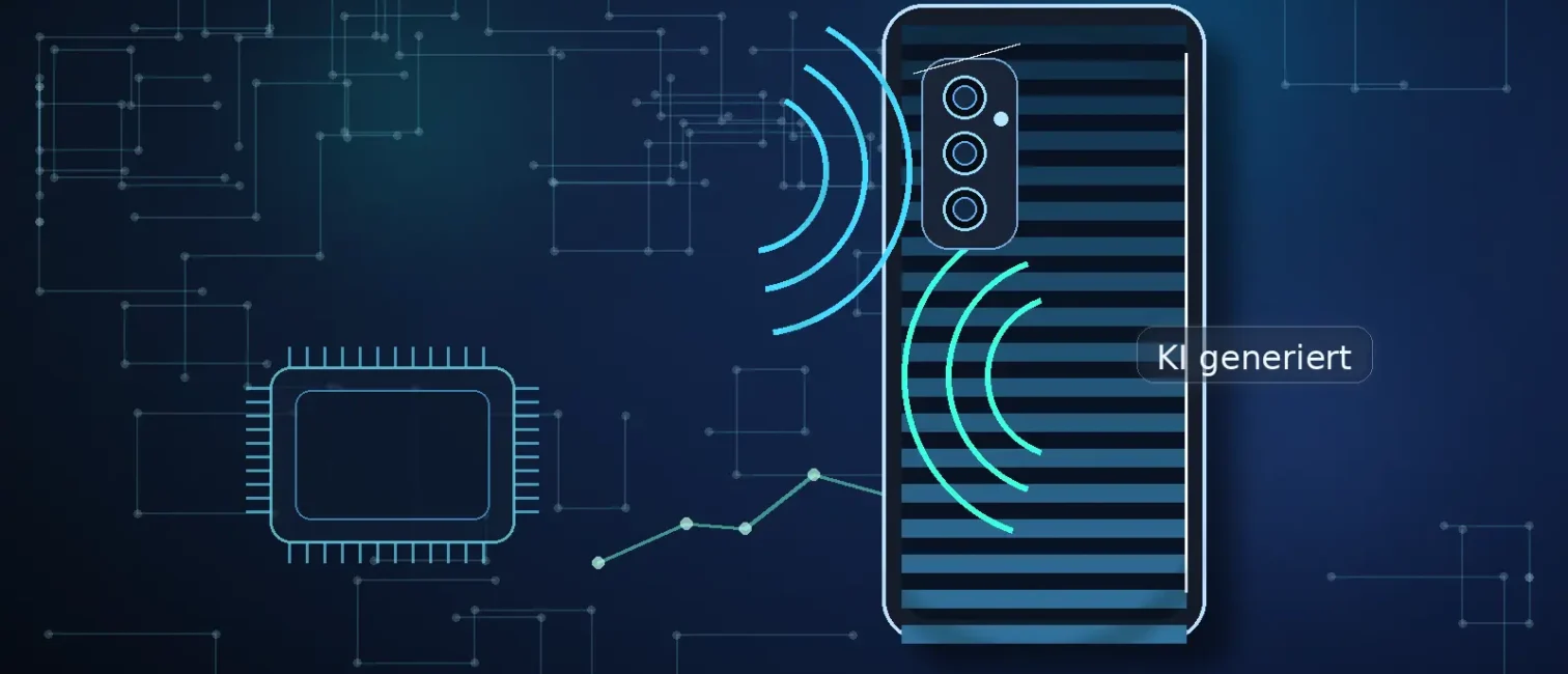 Futuristische Darstellung eines Smartphones mit Kameramodul, Chip und digitalen Verbindungslinien zum Galaxy S26 FE.