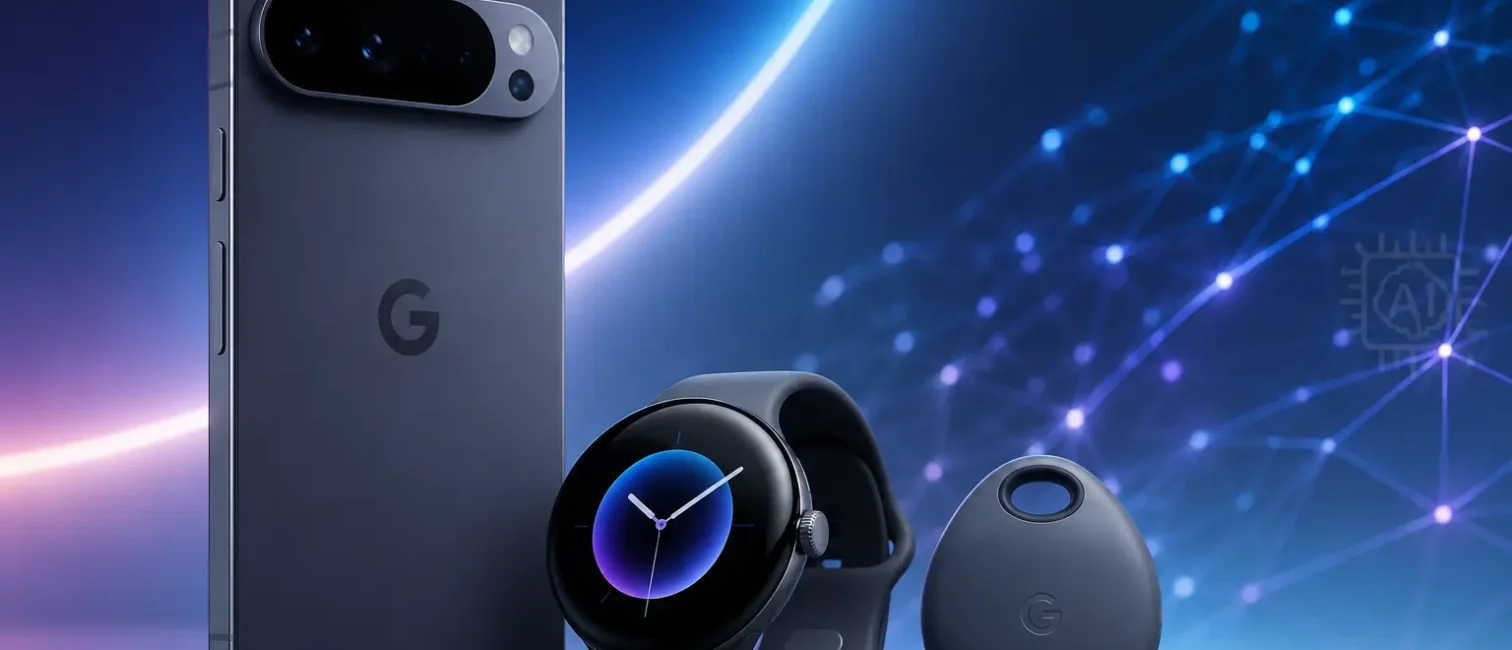 Google Pixel 11, Pixel Watch 5 und Tracker vor futuristischem Netzwerk-Hintergrund mit dezentem KI-Hinweis.
