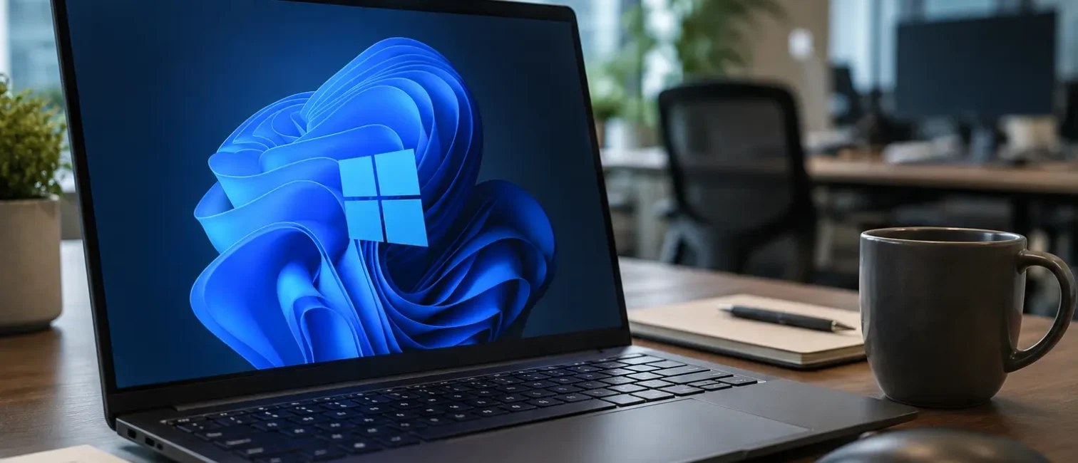 Fotorealistischer Arbeitsplatz mit geöffnetem Windows-11-Laptop, Maus, Kaffeetasse und Notizbuch in einem modernen Büro; rechts im Bild das dezente Wasserzeichen „KI generiert“.