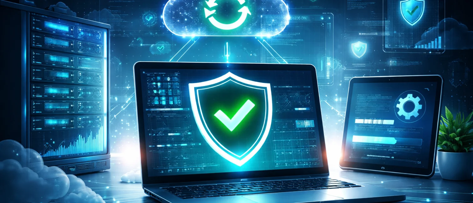 Futuristische IT-Szene mit Laptop, Servern und digitalen Update- und Sicherheitsanzeigen in blauen Farbtönen als Symbol für automatisierte Windows-Updates im Unternehmensumfeld.