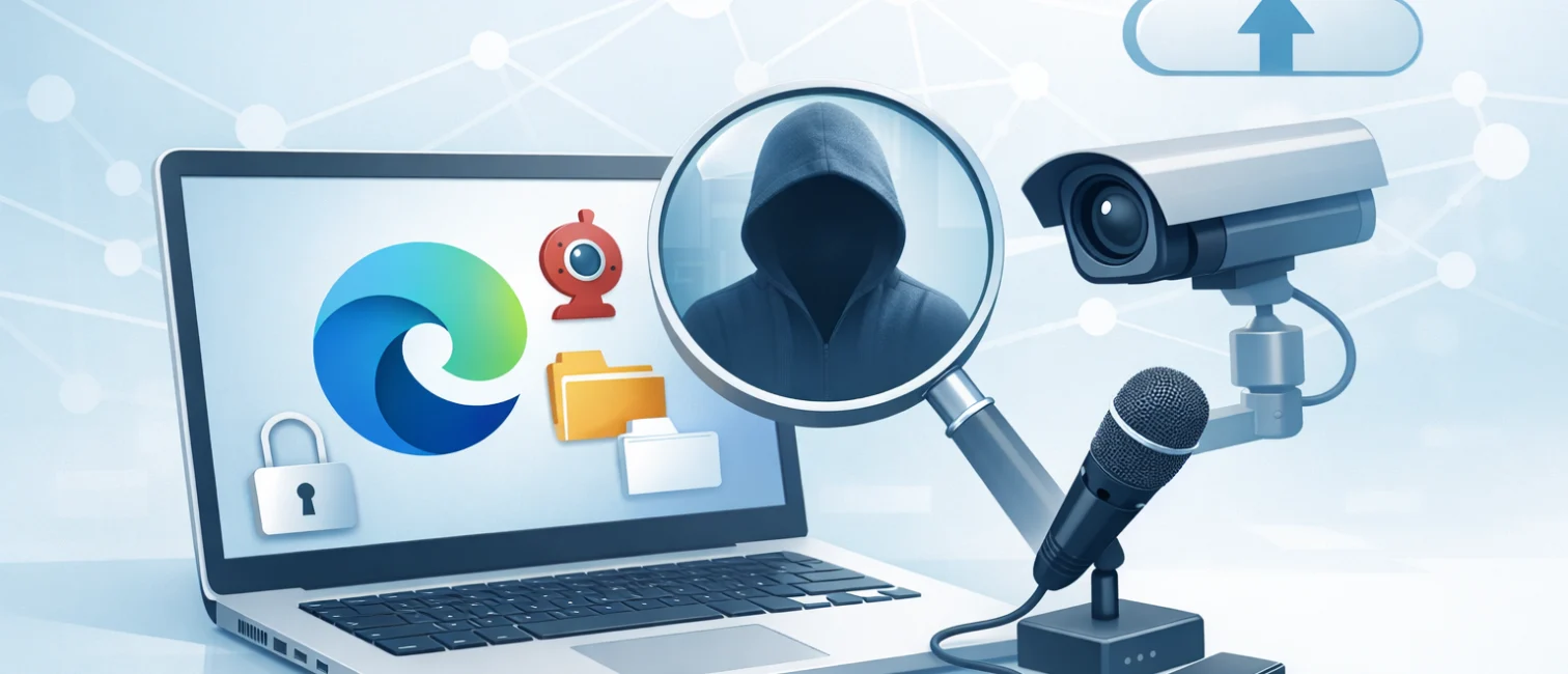 Helles, modernes Cybersecurity-Motiv mit abstrahiertem Browserfenster, digitalen Datenströmen und einer subtilen Bedrohungsszene in professioneller B2B-Optik.