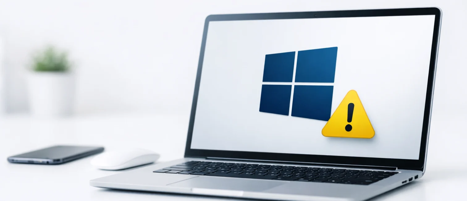 Minimalistische helle Büro-Szene mit einem schlanken Windows-Laptop auf heller Fläche, rechts im Bild platziert, dezent technischer Charakter, saubere moderne B2B-Optik ohne Text.