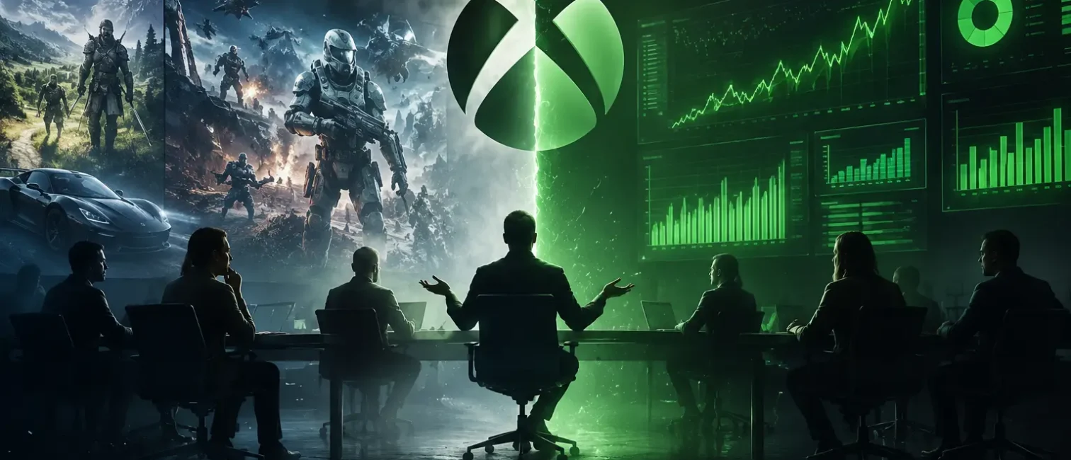 Führungskräfte beraten vor einer geteilten Darstellung aus Xbox-Spielewelten und Geschäftszahlen über Microsofts Game-Pass-Strategie.
