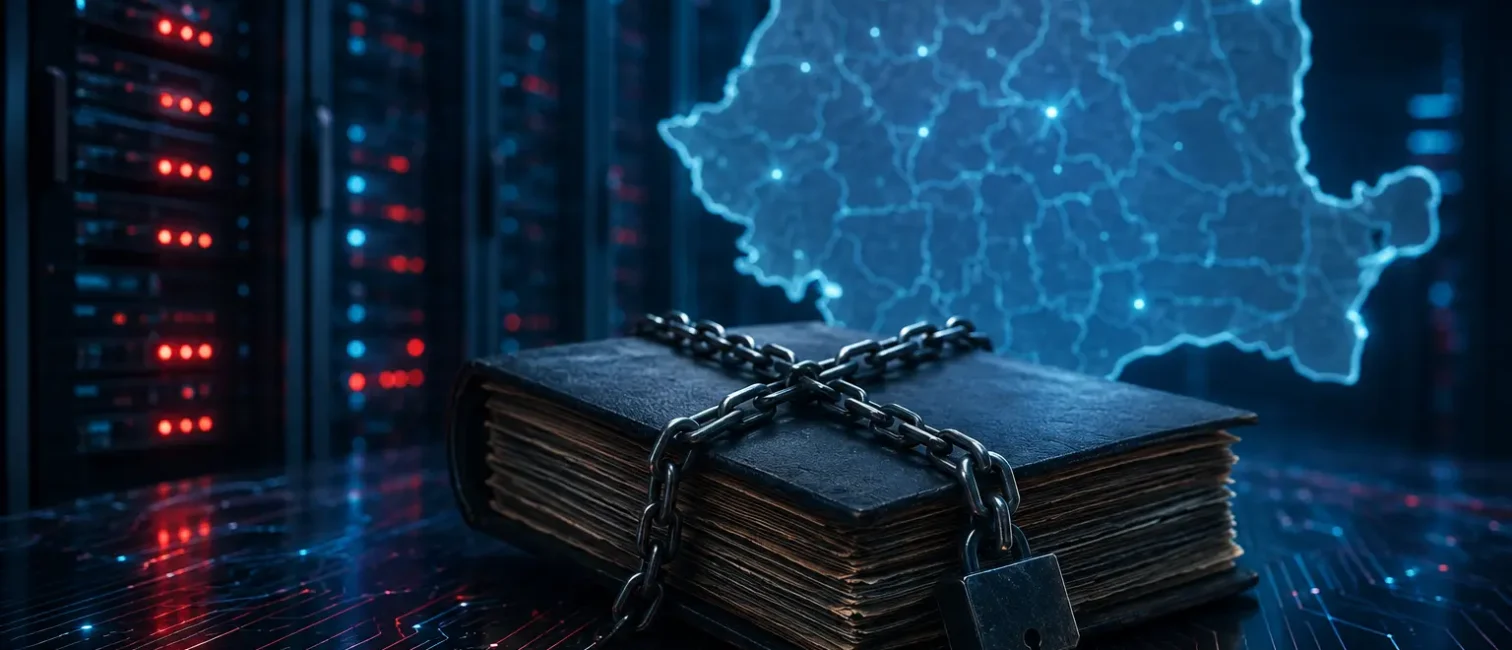 Ein angekettetes Grundbuch vor Serverracks und einer digitalen Karte Rumäniens symbolisiert den Cyberangriff auf die Katasterbehörde.