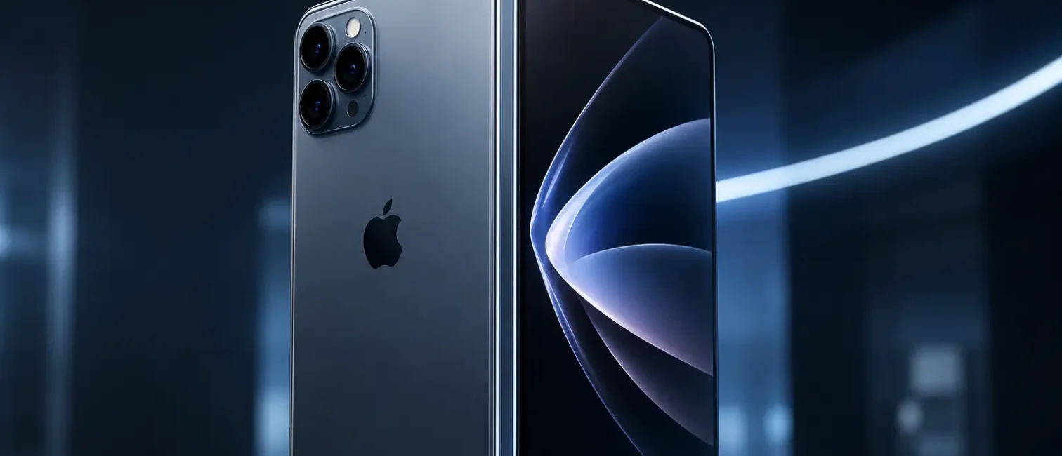 Konzeptdarstellung eines faltbaren Smartphones mit zwei Gehäusehälften vor einem dunkelblau beleuchteten Hintergrund.