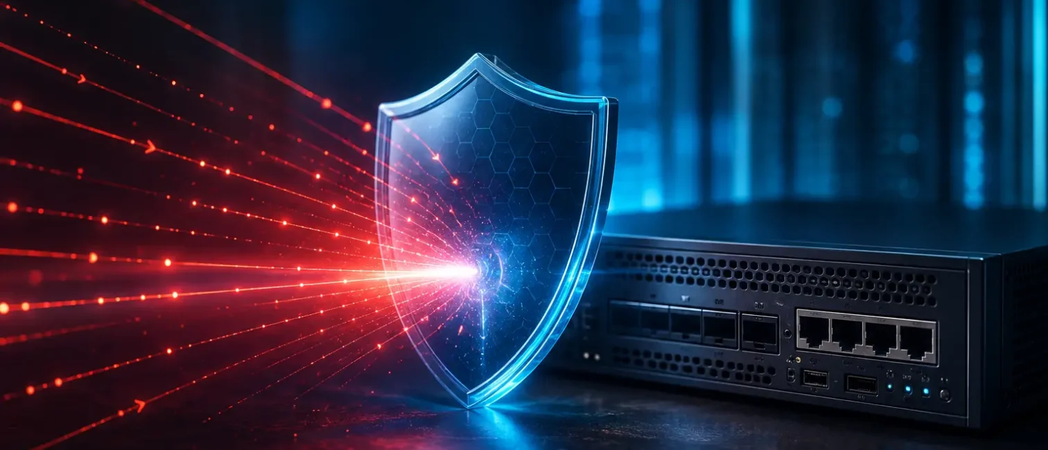 Visualisierung einer NetScaler-Security-Situation mit Server, digitalem Schutzschild und abgewehrten Cyberangriffen in moderner IT-Infrastruktur.
