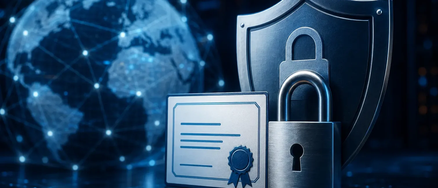 Digitales TLS-Zertifikat vor einem Sicherheitsschild und Vorhängeschloss, im Hintergrund ein vernetzter Globus.