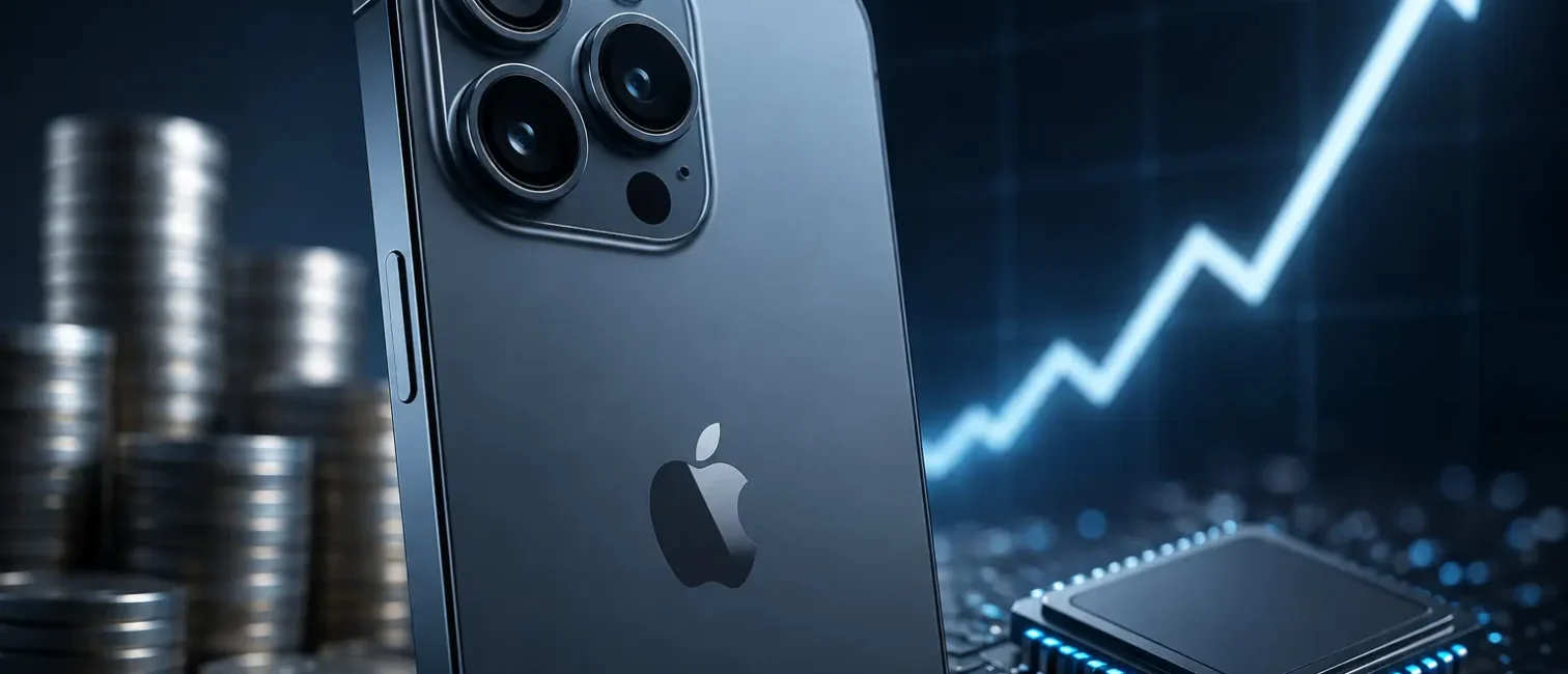 Dunkelblaues iPhone mit Dreifachkamera vor Münzstapeln, Mikrochip und steigender Kurve als Symbol für höhere Hardwarekosten.