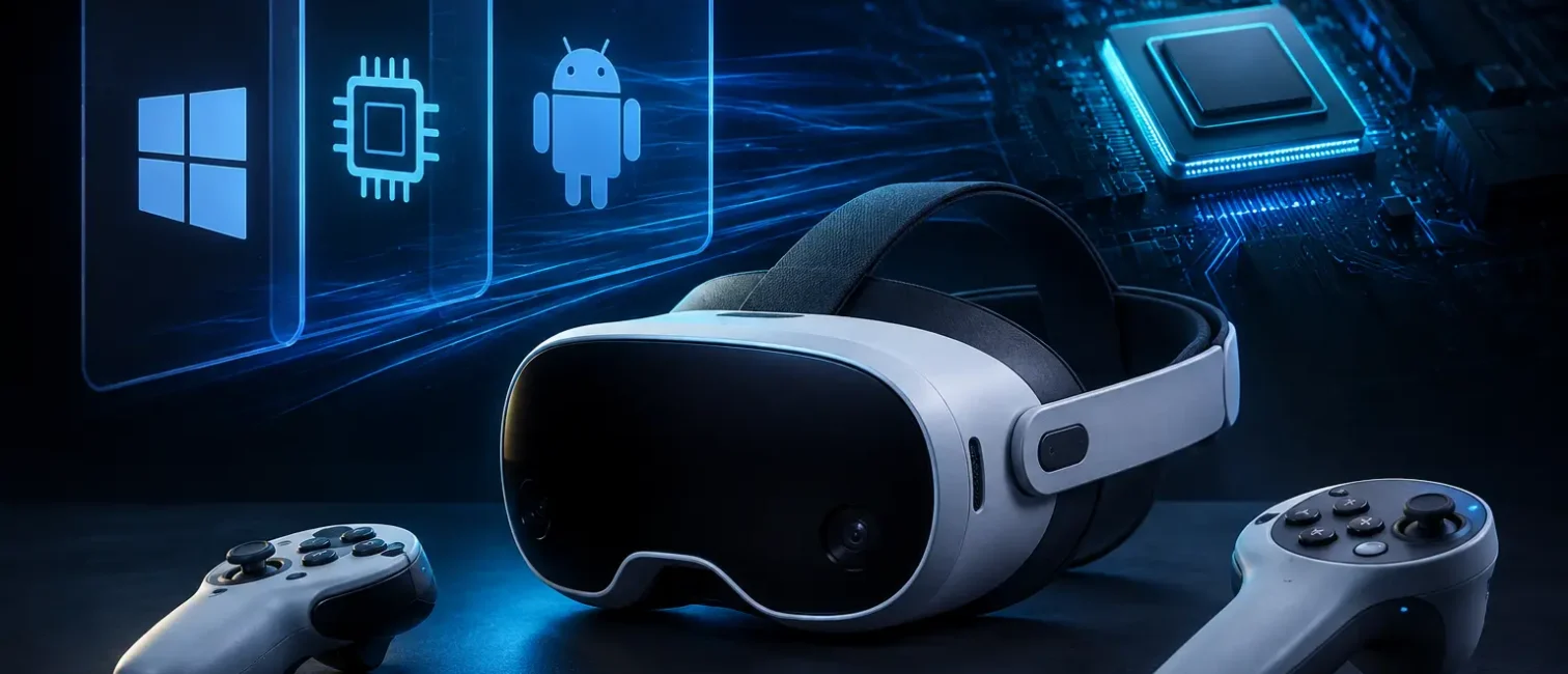 Futuristisches VR-Headset mit Controllern vor einem leuchtenden Prozessor und Symbolen für Windows, ARM und Android.
