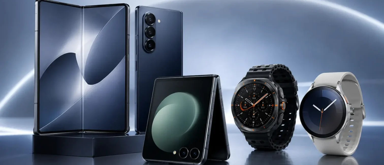 Samsung zeigt neue Galaxy-Foldables und Smartwatches in einer futuristischen, blau beleuchteten Produktinszenierung.