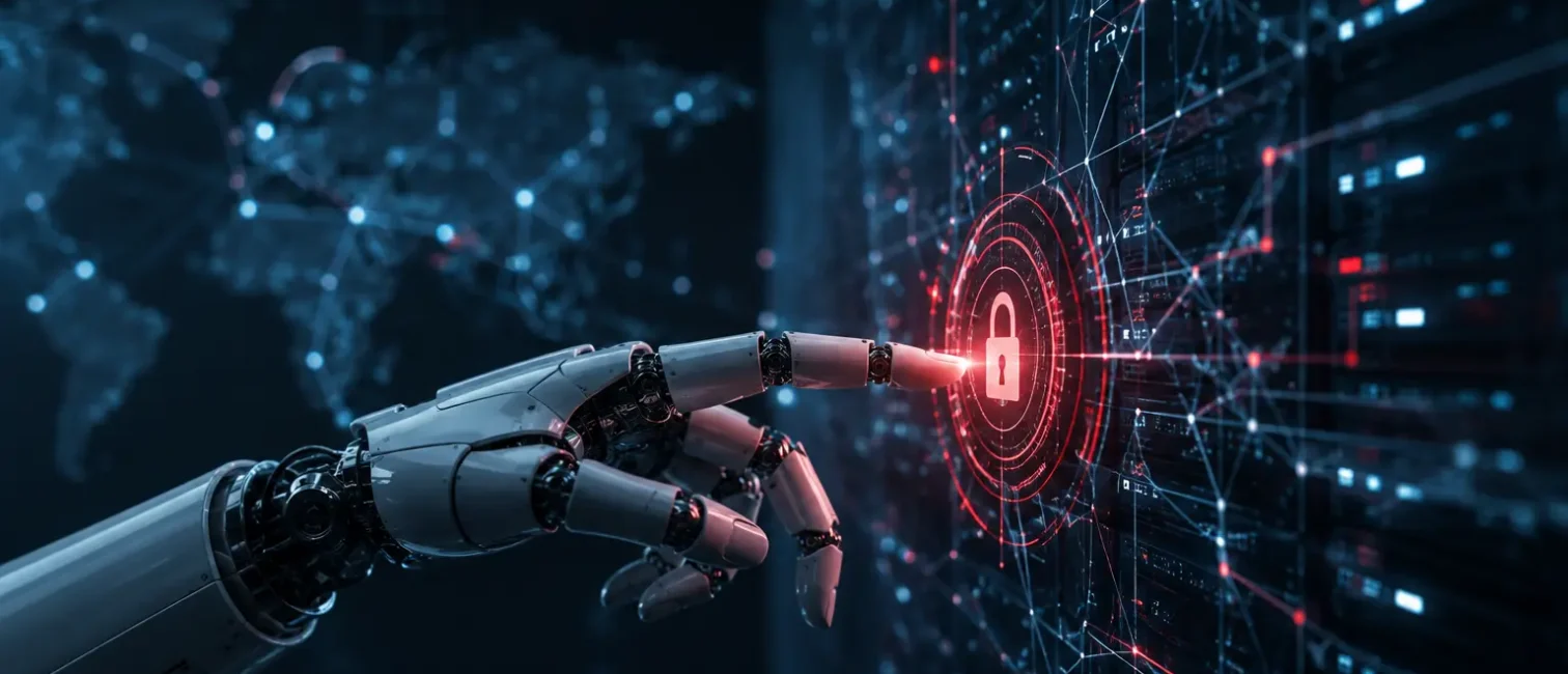 Roboterhand greift in einem Rechenzentrum auf ein digitales Sicherheitsschloss und vernetzte IT-Systeme zu.