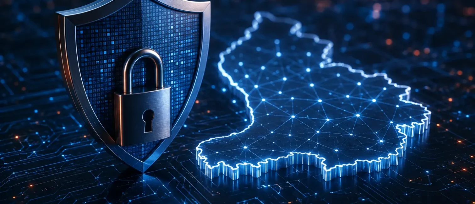 Futuristische Darstellung eines digitalen Schutzschilds mit Schloss neben der leuchtenden Karte Liechtensteins auf einer vernetzten Datenoberfläche.