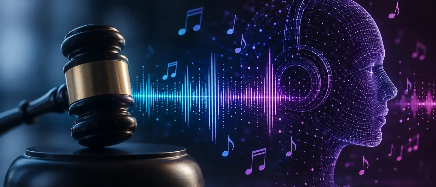 Richterhammer neben einer leuchtenden Klangwelle und einem digitalen KI-Kopf als Symbol für den Urheberrechtsstreit um KI-generierte Musik.