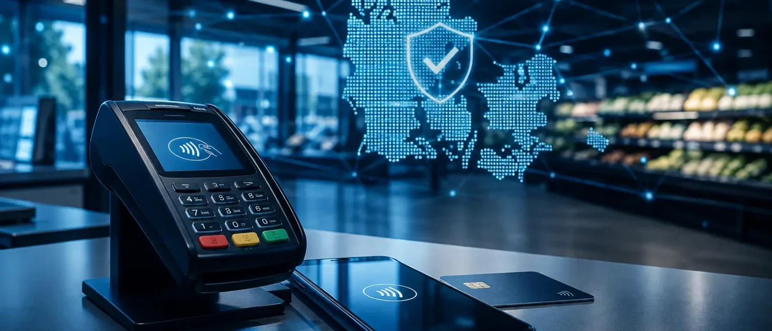 Kontaktloses Kartenterminal, Smartphone und Bankkarte vor einer digital vernetzten Dänemark-Karte in einem modernen Supermarkt.