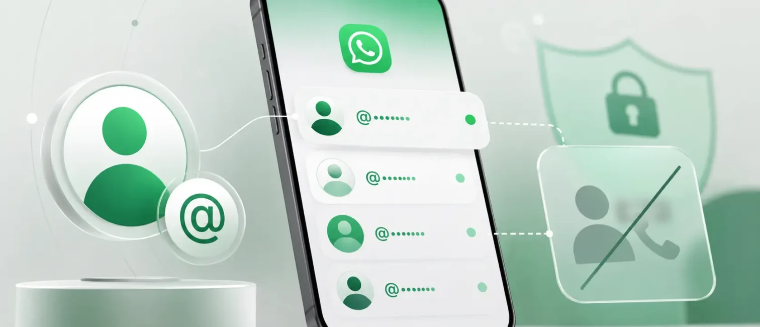 Modernes Smartphone mit WhatsApp-ähnlicher Benutzeroberfläche, Usernames und Datenschutzsymbolen als Visualisierung der neuen WhatsApp Usernames.