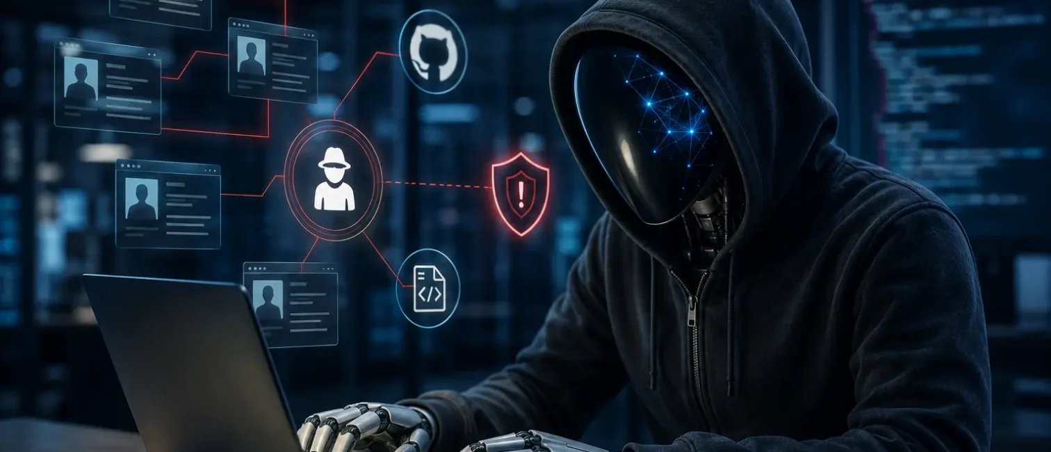 Vermummter humanoider KI-Agent arbeitet an einem Laptop, umgeben von digitalen Identitäten, Code-Symbolen und Warnhinweisen.