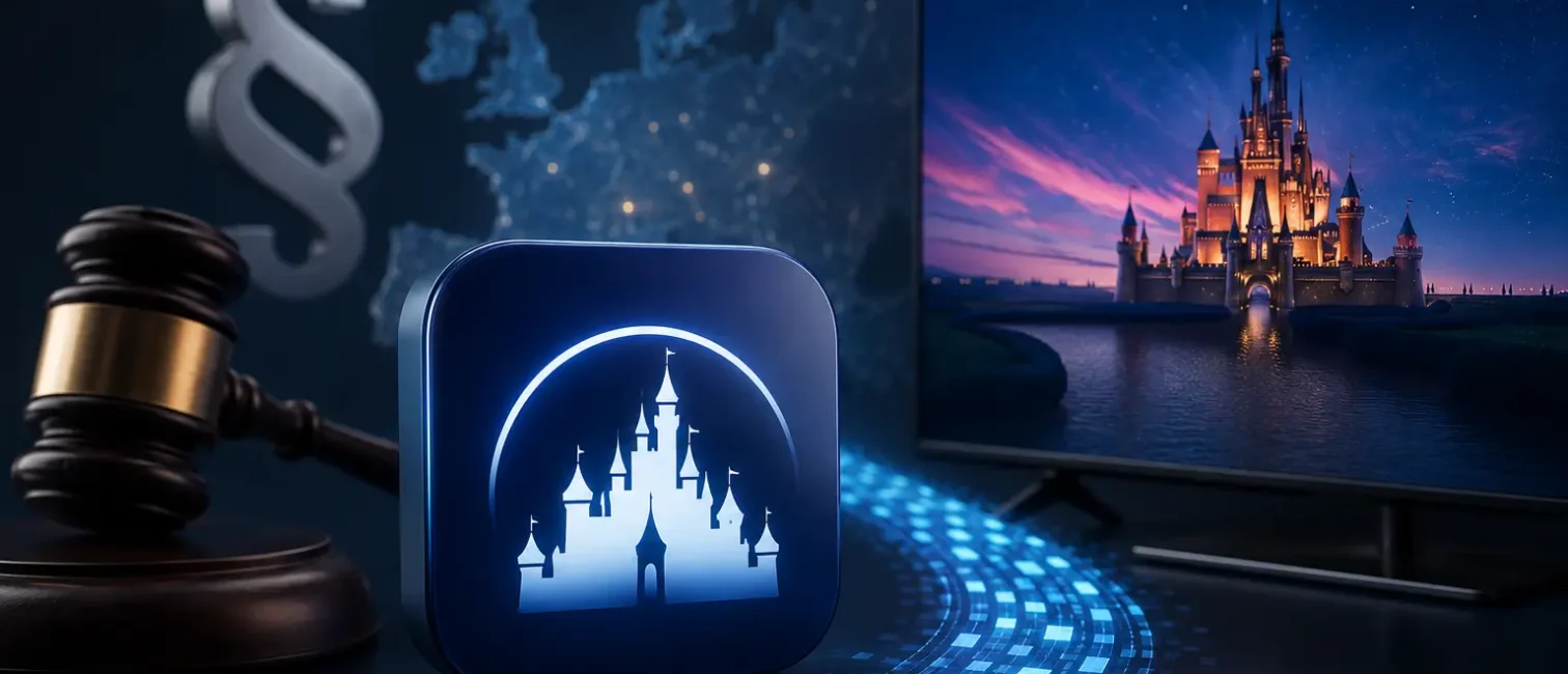 Symbolbild zum Patentstreit um Disney+: Streaming-App, Fernseher mit Schlossmotiv, Richterhammer und Europakarte.