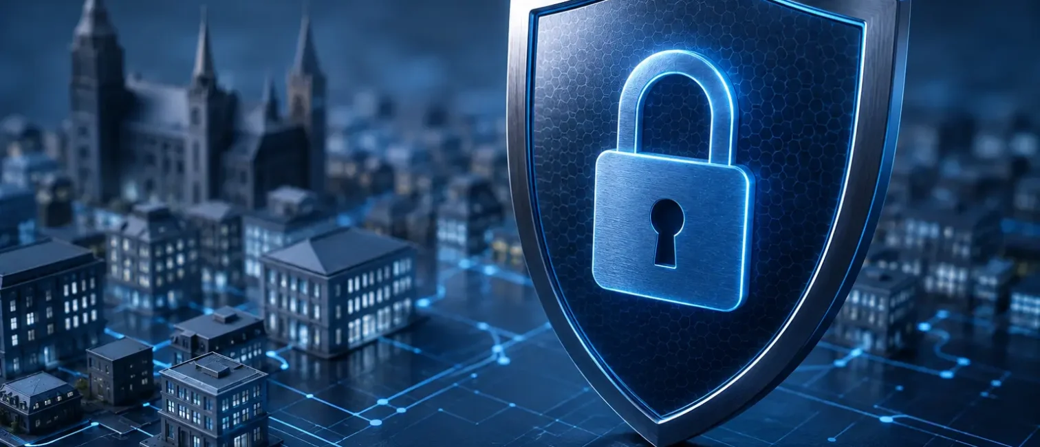 Digitales Schutzschild mit Vorhängeschloss vor einer vernetzten Stadt als Symbol für kommunale Cybersicherheit.