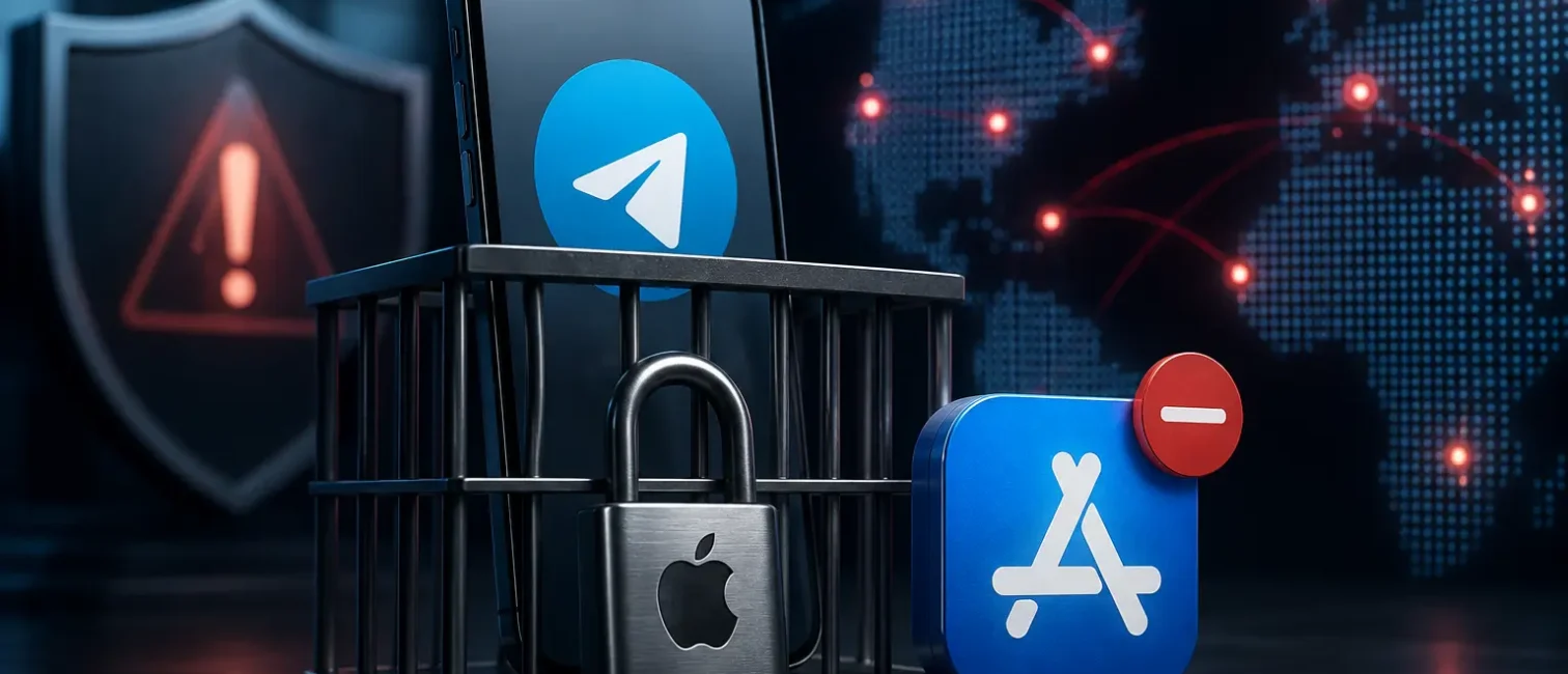 Telegram-App hinter einem Metallgitter mit Apple-Schloss und gesperrtem App-Store-Symbol vor einer digitalen Weltkarte mit Warnsignalen.
