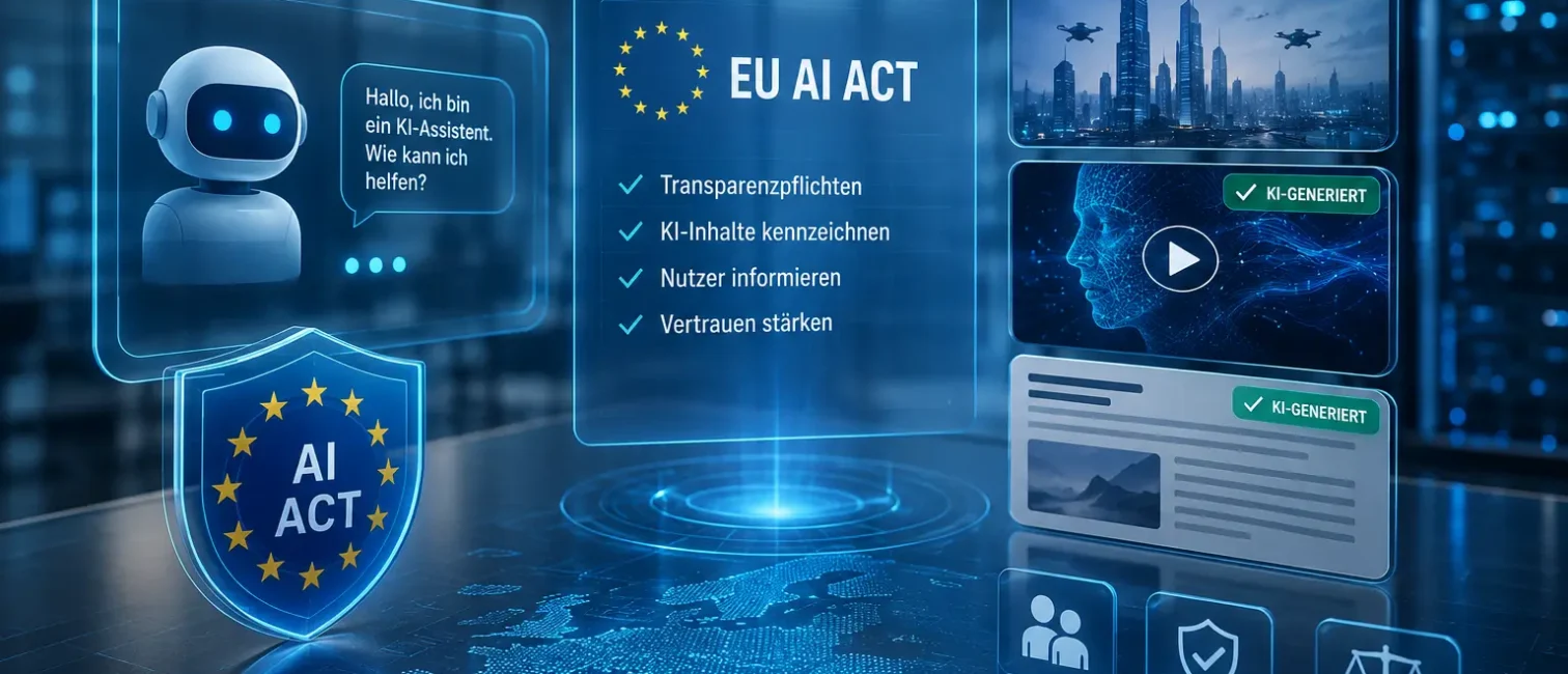 Futuristische Darstellung eines KI-Chatbots mit EU-Symbolik, Transparenzhinweisen und Compliance-Elementen zum EU AI Act.