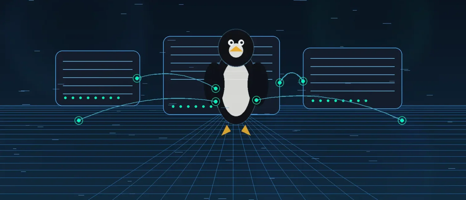 Stilisierter Linux-Pinguin vor vernetzten Server-Panels und digitalen Datenlinien in dunkler, futuristischer Optik.