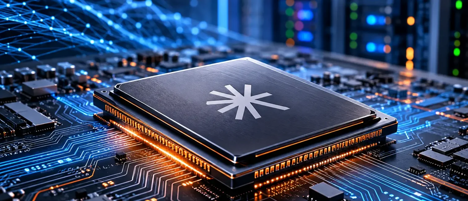 Futuristischer KI-Prozessor auf einer Leiterplatte vor einer Server-Infrastruktur mit leuchtenden Datenverbindungen.