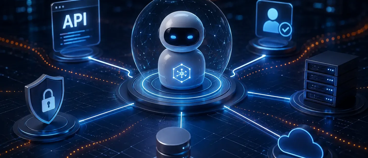 Futuristischer KI-Agent in einem vernetzten IT-System mit API-, Identity-, Security-, Cloud- und Server-Komponenten.