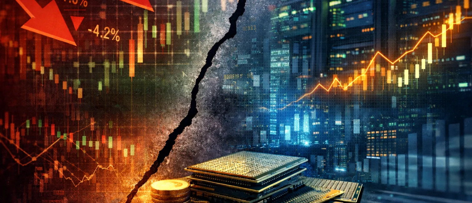 Symbolbild zu KI-Investments: Computerchips und Börsencharts visualisieren den Wandel von Kapitalströmen und Infrastruktur im KI-Markt.