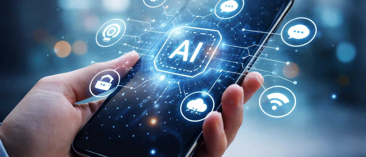 Hand hält ein Smartphone mit futuristischen digitalen Symbolen für KI, Assistenz, Sicherheit und Vernetzung vor unscharfem Hintergrund.