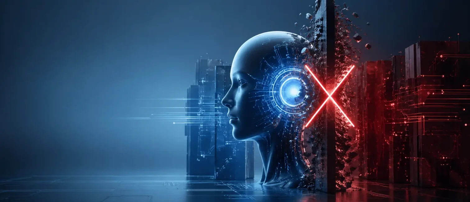 Futuristisches, textfreies Beitragsbild: Ein stilisierter KI-Kopf im Profil steht mittig rechts vor einer digitalen Barriere mit rotem X, flankiert von blauen und roten Technologieelementen.