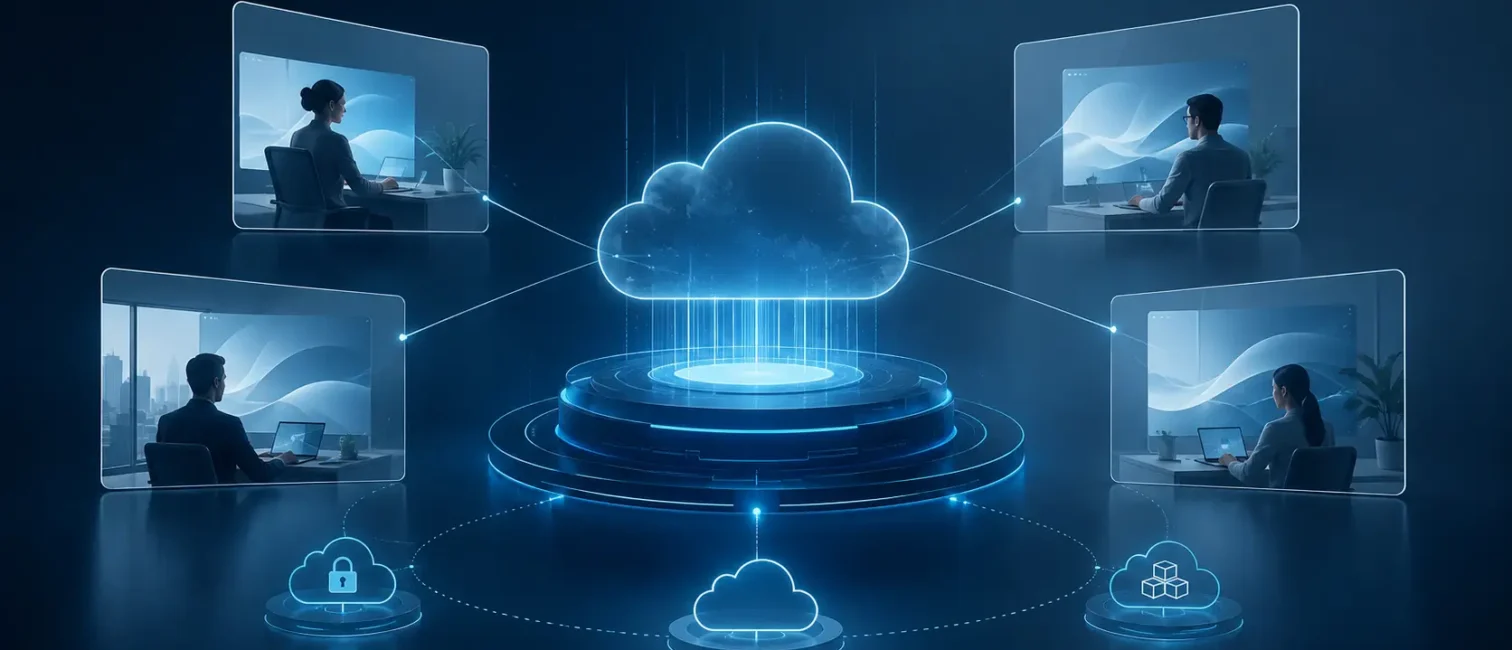 Futuristische Cloud-Plattform verbindet virtuelle Arbeitsplätze, sichere Zugänge und flexible Desktop-Bereitstellung.