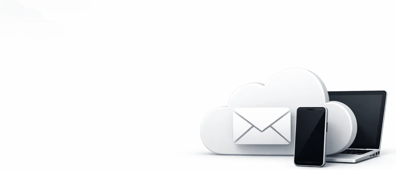 Minimalistische helle Illustration mit Cloud- und Mail-Symbol sowie angedeutetem Smartphone und Laptop auf der rechten Bildseite.