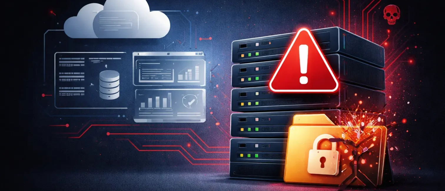 Illustration eines Cyberangriffs auf ein gehostetes ERP-System mit Server-Stack, Warnsymbol, Cloud-Dashboard und beschädigtem Datenordner.