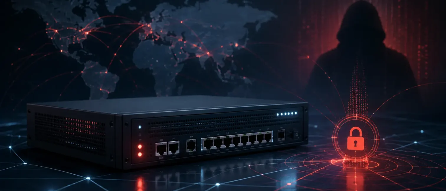 Cybersecurity-Szene mit Firewall-System, globalen Netzwerkverbindungen und Warnsymbol für kompromittierte Zugänge.