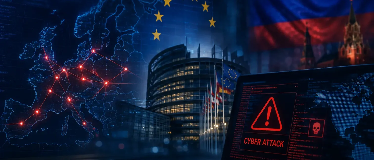 Laptop mit digitaler Europakarte und markierten Cyberangriffen vor Bundestag, EU-Flagge und russischer Symbolik.