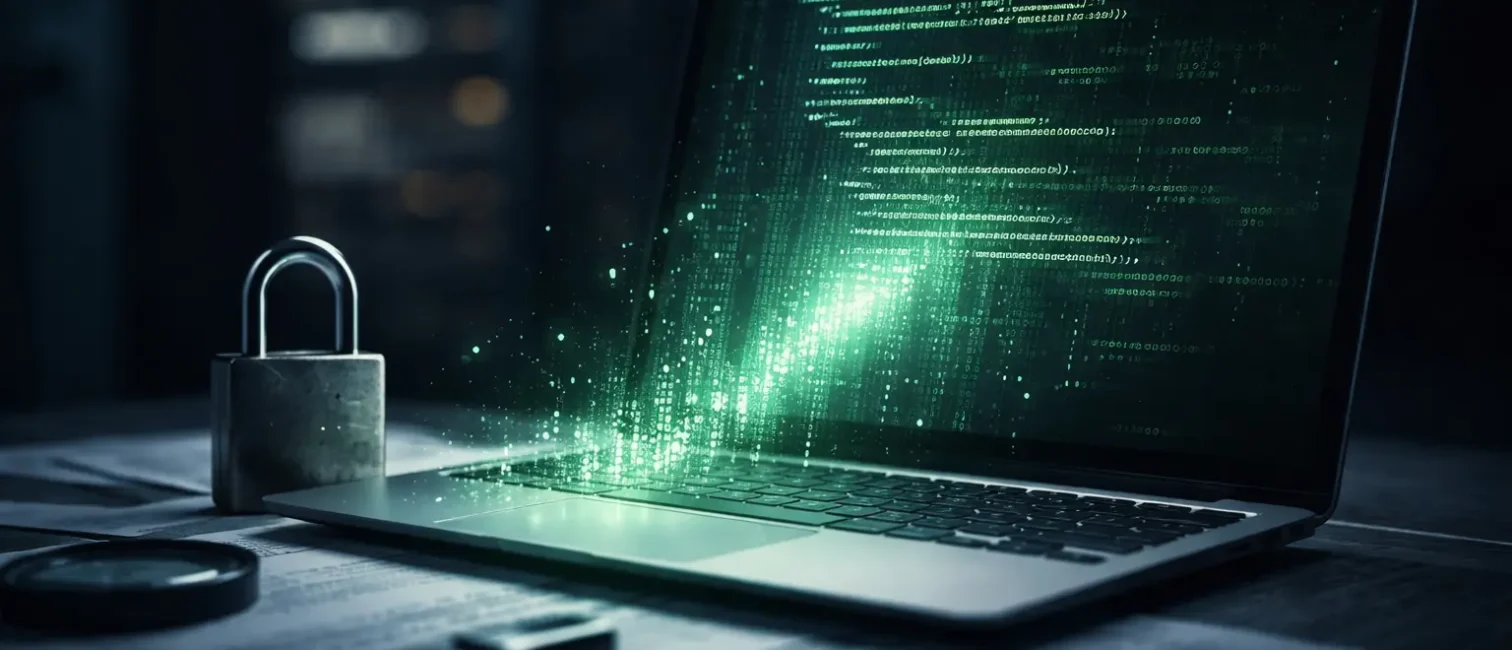 Minimalistisches Beitragsbild zu Softwarehygiene und KI-Sicherheitsrisiken: Laptop mit abstrahiertem Code in dunkler Umgebung, Fokus mittig rechts.