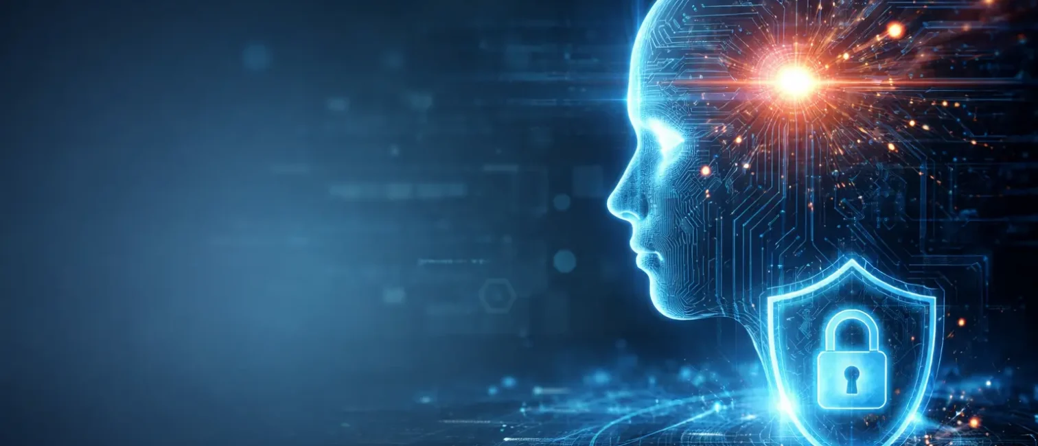 Minimalistische Illustration zu KI und Cybersecurity: rechts ein leuchtendes, digitales Profil mit angedeutetem Schutzschild vor dunklem, ruhigem Hintergrund.